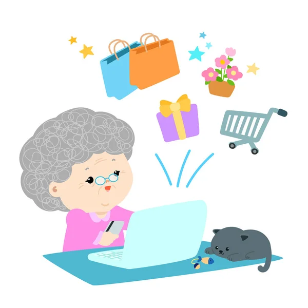Happy Oma Winkelen Online Met Credit Card Vector Illustratie — Stockvector