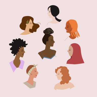 Farklı milletlerde kadınlar vektör illüstrasyonuyla karşı karşıya. Bir grup kız kafası ve saç stili. Değişik ırklar afişi. Feminizm ve kız gücü kavramı. Siyah kadın güzellik. Çekici çok ırklı insanlar