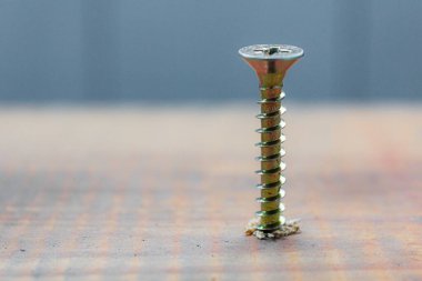 Metal vida ahşap tahta yüzeye tornavidayla tutturulmuş. ev ya da atölye onarım kavramı