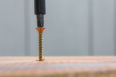 Metal vida ahşap tahta yüzeye tornavidayla tutturulmuş. ev ya da atölye onarım kavramı