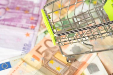 Bir alışveriş sepeti ve Euro faturaları