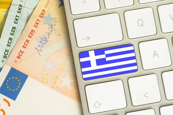 Euro Számlák Számítógép Val Görögország Gomb — Stock Fotó