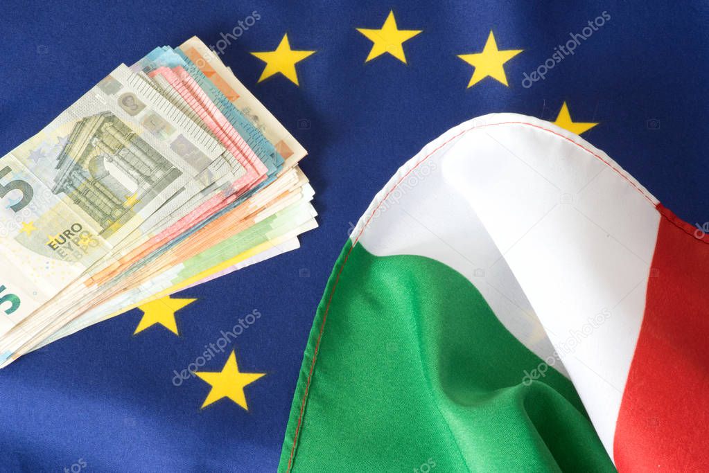 The flag of the EU and many Euro banknotes