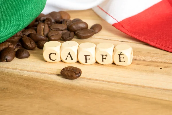 Coffee beans, Italian flag and Italian word for coffee