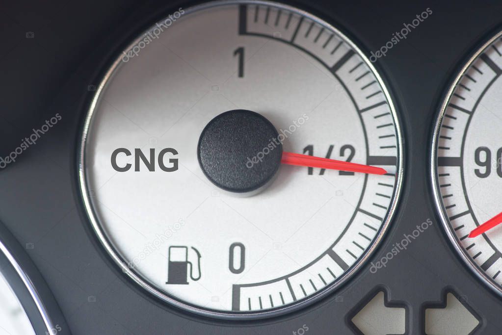 A view of a fuel gauge from a natural gas car