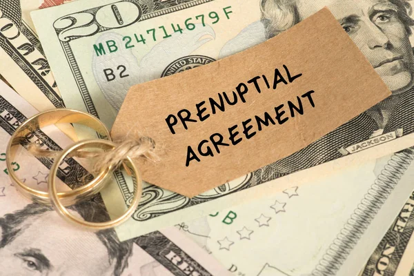 Two Wedding Rings Dollar Money Bills Pendant Word Marriage Contract — Stock Photo, Image