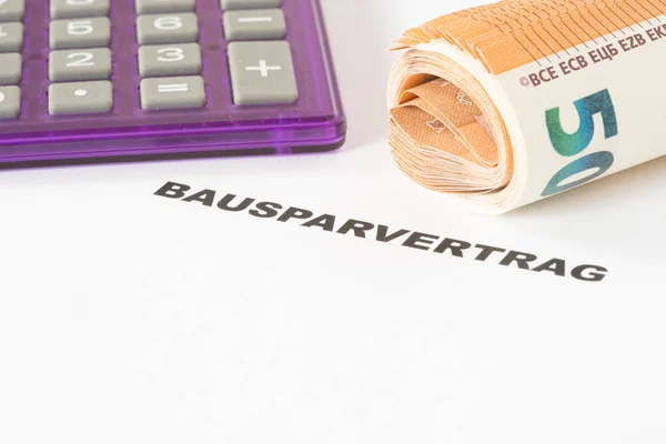 Euroscheine Taschenrechner Und Ein Bausparvertrag — Stockfoto