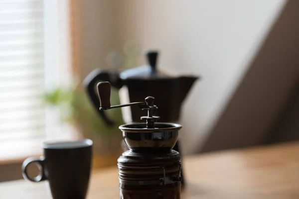 Una Olla Expreso Molinillo Café Una Taza — Foto de Stock