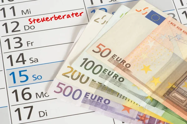 Kalender Med Utnämningen Skattekonsulter Och Eurosedlar — Stockfoto