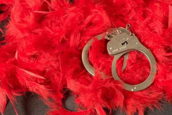 Handcuffs Pad Red Feathers — Stock Photo, Image