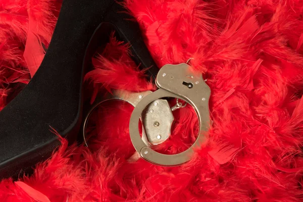 High Heels Handcuffs Base Red Feathers — Stock Photo, Image