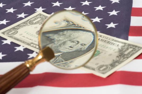 Magnifying Glass Flag Usa Dollar Bills — Stock Photo, Image