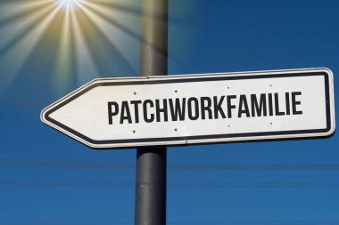 A directional arrow points towards a patchwork family clipart