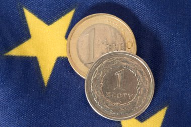 Euro, Polonya Zlotisi ve Avrupa Birliği AB bayrağı paralar