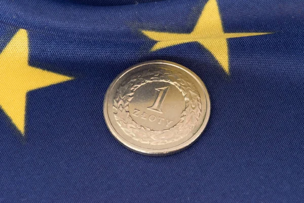 Κέρμα Πολωνικά Ζλότυ Pln Και Σημαία Της Ευρωπαϊκής Ένωσης — Φωτογραφία Αρχείου