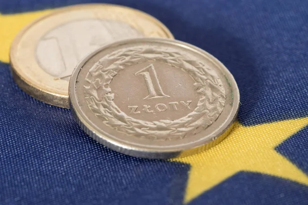 Monedas Euro Zloty Polaco Bandera Unión Europea — Foto de Stock