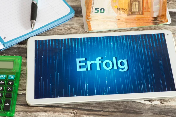 Euro Bills Calculator Tablet Text Success — Stock Photo, Image