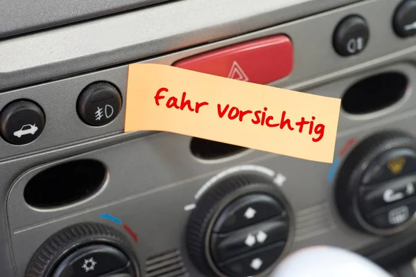 Insidan Bil Och Lapp Med Anteckning Försiktig Körning — Stockfoto