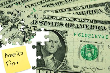 Doları banknot bir bulmaca ve sloganı Amerika ilk olarak