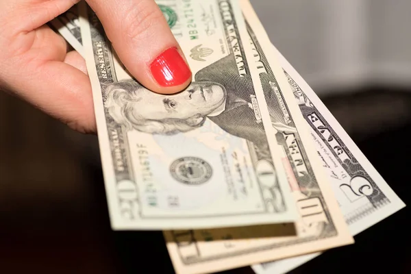 Woman Holds Dollar Bills Her Hand — Stock Photo, Image
