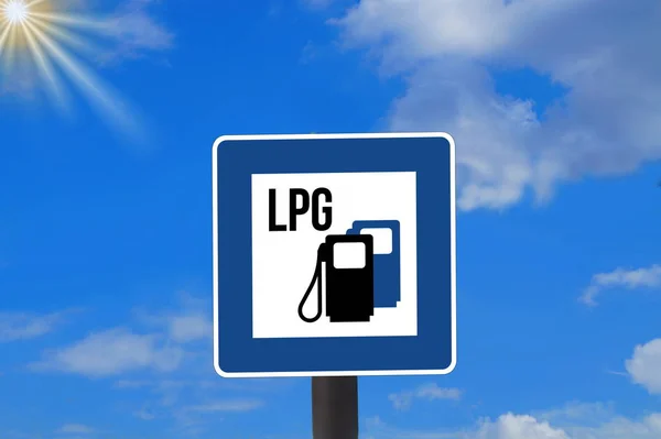 Een Verkeersbord Een Verwijzing Naar Een Benzinestation Met Lpg — Stockfoto