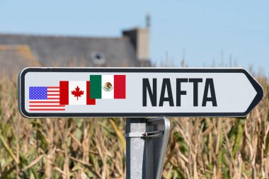 Bir tabela ABD, Kanada ve Meksika arasında NAFTA anlaşmaları gösterir