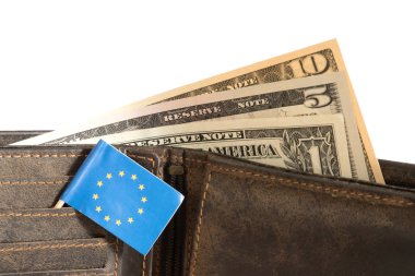 Avrupa Birliği 'nin dolar, cüzdan ve bayrağı.