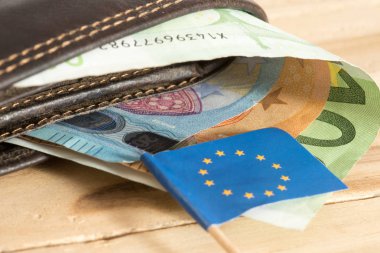Avrupa Birliği bayrağı, sarı bir cüzdan ve Euro banknotları