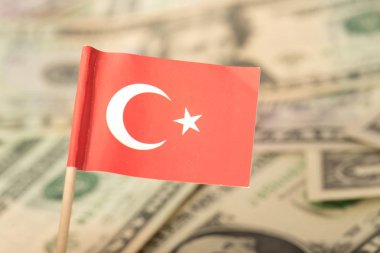 Türkiye bayrağı ve arka planda dolar banknotları