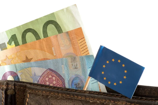 Flaga Unii Europejskiej Żółty Portfel Banknoty Euro — Zdjęcie stockowe