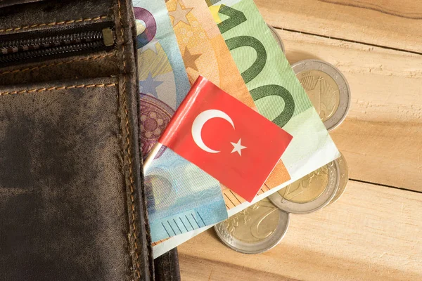 Turkiets Flagga Sedlar Och Mynt Plånbok Och Euro — Stockfoto