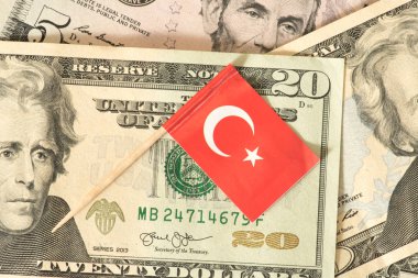 Türkiye bayrağı ve arka planda dolar banknotları