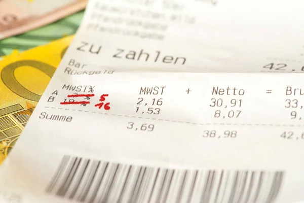 Euro Banknotes Receipt Reduction Vat Germany — Stock Photo, Image