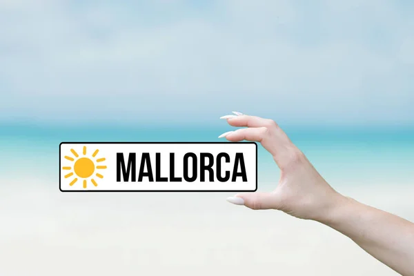 Beach Vacation Woman Sign Mallorca — Stock Photo, Image