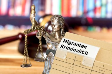 Judge's gavel, Justitia and files of migrant crime clipart