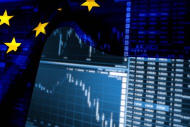 Stock exchange, price board and flag of the European Union EU clipart