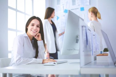 Ofiste dizüstü bilgisayarda çalışan çekici kadın. İş adamları