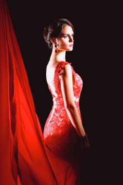 Koyu renk saçlı, uzun kırmızı elbiseli güzel bir genç kız.
