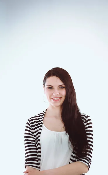 Attraktive junge Frau stehend, isoliert auf weißem Hintergrund — Stockfoto