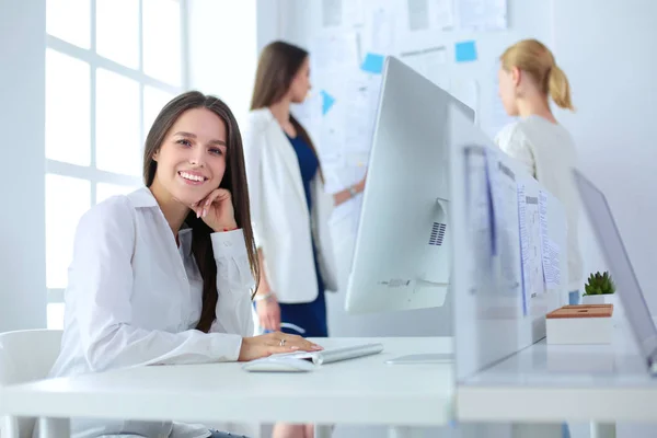 Mulher de negócios atraente trabalhando no laptop no escritório. Empresários — Fotografia de Stock