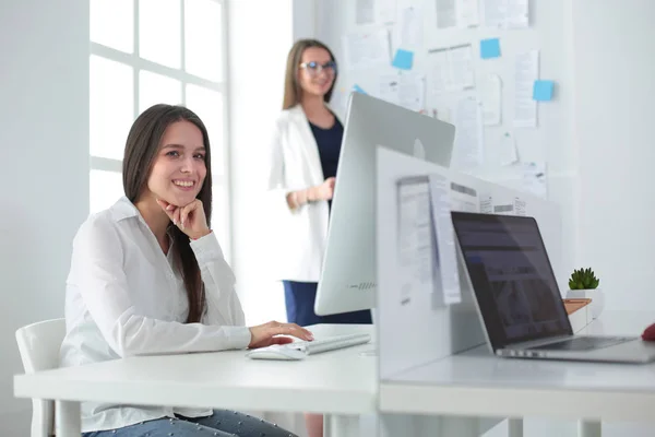 Belle femme d'affaires travaillant sur ordinateur portable au bureau. Hommes d'affaires — Photo