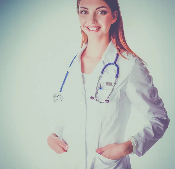 Médica mulher com estetoscópio isolado em fundo cinza — Fotografia de Stock