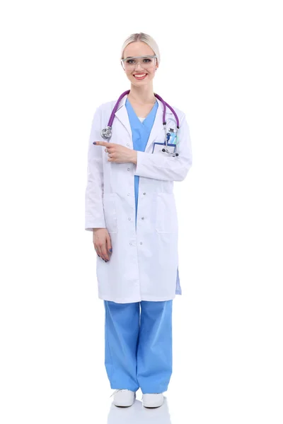 Portré női orvos ellen álló elszigetelt fehér háttér. Női orvos. — Stock Fotó