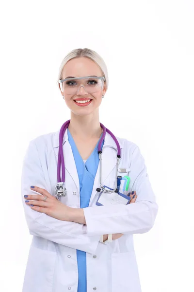 Retrato de doctora de pie contra aislada sobre fondo blanco. Mujer doctora. —  Fotos de Stock