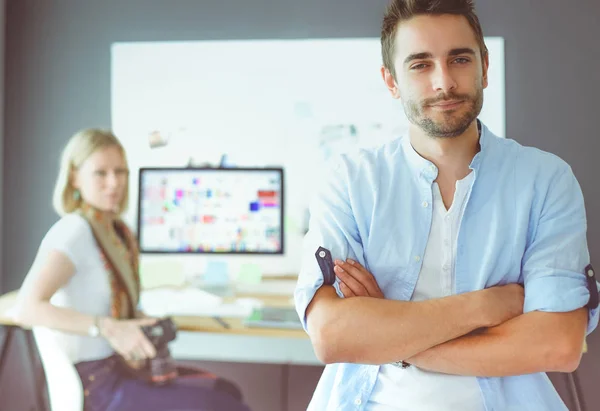 Portrait Young Designer Front Laptop Computer While Working Assistant Using — Stock Photo, Image