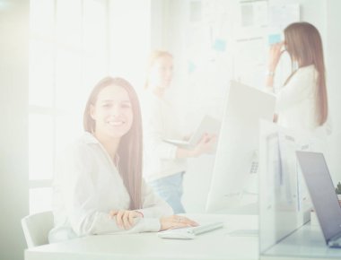 Ofiste dizüstü bilgisayarda çalışan çekici kadın. İş adamları