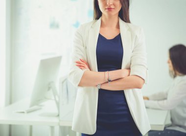 Ofiste dizüstü bilgisayarda çalışan çekici kadın. İş adamları