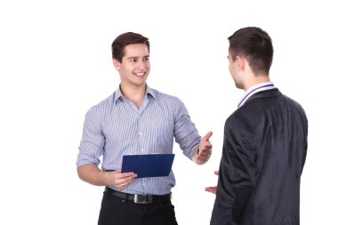 Tam uzunlukta iki işadamları birlikte ayakta portresi