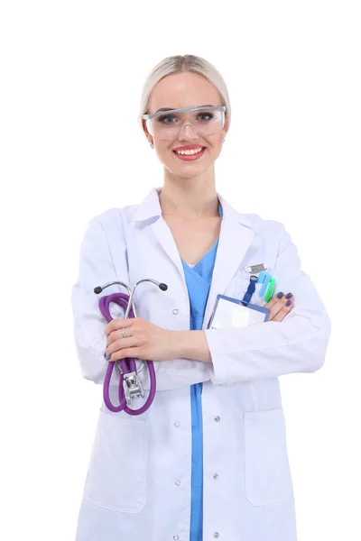 Retrato Doctora Pie Contra Aislada Sobre Fondo Blanco Mujer Doctora —  Fotos de Stock
