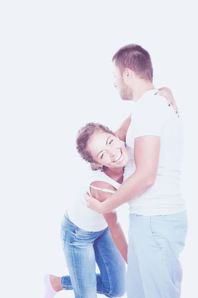 Retrato de hermosa pareja joven sobre fondo gris —  Fotos de Stock